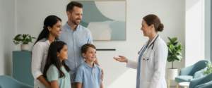 A female doctor in a white coat and stethoscope gestures next to a smiling family of four in the bright reception area