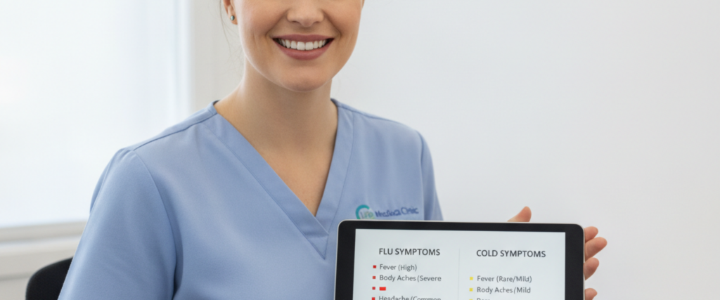 Female GP in light blue scrubs holding a tablet displaying a flu symptoms vs cold comparison chart with severity indicators