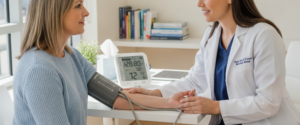 A large white poster with the heading Blood Pressure Dangers: Is High or Low Worse?