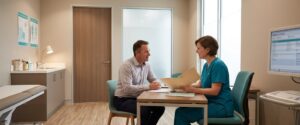 GP and patient discussing a chronic disease management plan Botany consultation at a medical centre desk