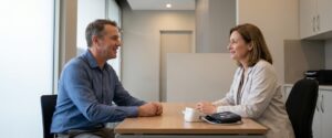 Man talking with his GP during a men's health check Waterloo consultation in a bright clinic room