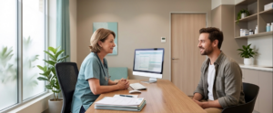 Doctor and patient discussing a mental health care plan Botany GP consultation in a calm clinic room