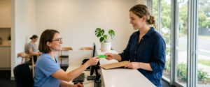 New patient handing Medicare card and medical records to reception at a new GP Waterloo clinic visit